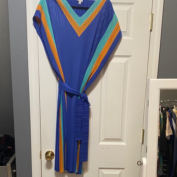 Current Air Blue Asymmetrical Dress with Orange and Green Accents - Picture 4 of 7